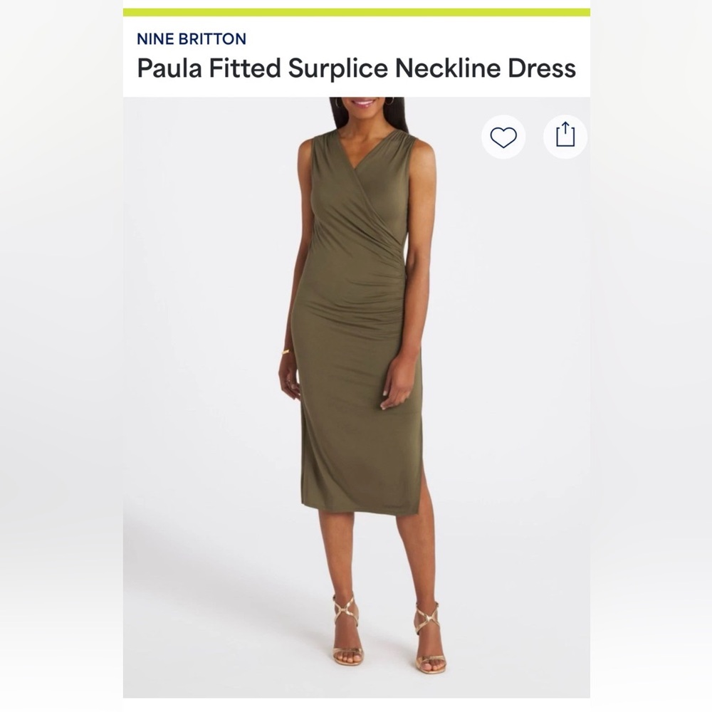 Nine Britton Paula Fitted Surplice Neckline Midi Dress Olive Green Medium Petite